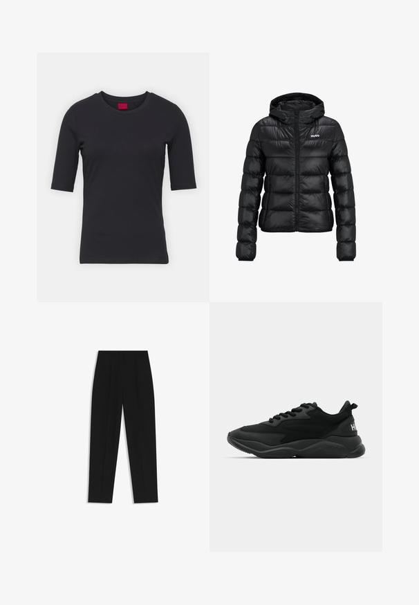 Svart vadderad jacka med dragkedja och huva. Har en quiltad design och "HUGO"-logotypen på bröstet. Tillverkad av glänsande material.; Svart bomullströja med kort ärm, rund hals och en minimalistisk design. Har en röd varumärkesetikett vid halsringningen.; Svarta byxor med rak passform, med dubbla fickor, en slät yta och en klassisk midje-design. Ingen synlig hårdvara eller detaljer.; Svarta sportiga sneakers med en texturerad ovandel, snörning, vadderad sula och ett märkesackcent på hälen.