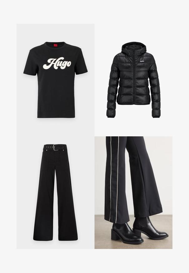 Černá podšitá bunda se zipem a kapucí. Má prošívaný design a logo "HUGO" na hrudi. Vyrobeno z lesklého materiálu.; Černé bavlněné tričko s krátkým rukávem, na přední straně s výrazným bílým logem "Hugo" v stylizovaném písmu umístěným ve středu.; Černé široké kalhoty vyrobené z bavlny, s vysokým pasem, velkými bočními kapsami a opaskem s kovovými akcenty v barvě stříbra.; Černé kožené kotníkové boty na blokovém podpatku, s elastickými bočními panely. V kombinaci s černými kalhotami, které mají bílý boční pruh.