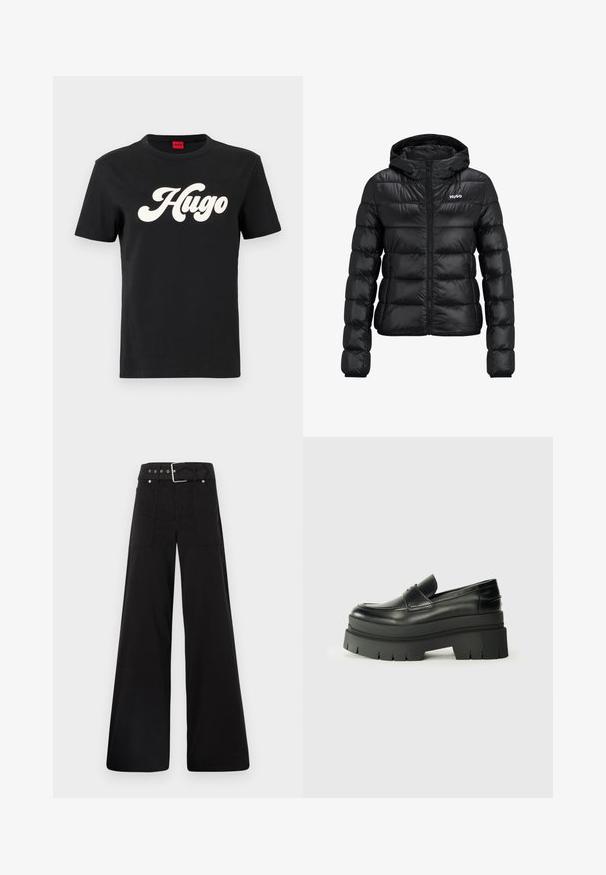 Melnā polsterētā jaka ar rāvējslēdzēju un kapuci. Iezīme ir kvalificēts dizains un "HUGO" logo uz krūškurvja. Izgatavota no spīdīga materiāla.; Melna kokvilnas T-krekls ar īsām piedurknēm, kurā centrā priekšpusē ir izcelts balts "Hugo" logo stilizētā fontā.; Melna platā kāju bikses, izgatavotas no kokvilnas, ar augstu jostasvietu, lieliem sānu kabatām un jostu ar sudraba detaļām.; Melnas ādas loafers ar masīvu platformas zoli. Noapaļota purngala forma, priekšējā šuvju detaļa un smalki šuvju akcenti. Plakana, teksturēta zole.