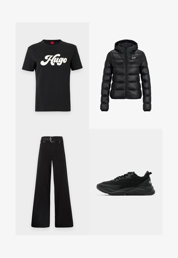 Must must jacket, milledega lukuga ja kapuutsiga. Omab tikanditud disaini ja "HUGO" logo rinnal. Valmistatud läikivast materjalist.; Must must havaga mustoega must onu pea steutsu silk soitus esth siske logo eder on erdat suma ees.; Mustad laiad mustad püksid, mis on valmistatud puuvillast, kõrge vöökoha, suurte küljetaskute ja kumerate rihmadega, kus on hõbedased detailid.; Mustad mustat spordijalatsid tekstureeritud ülemise osaga, süsteemse paelaga, pehmendatud tallaga ja bränditud aktsendiga kanna piirkonnas.