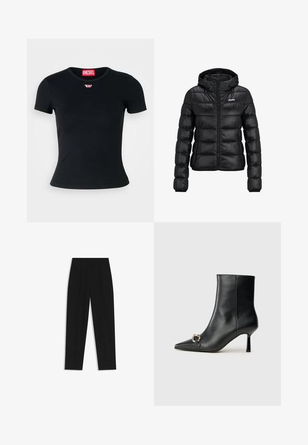 Black padded jacket with a zip closure and hood. Features a quilted design and the "HUGO" logo on the chest. Made from shiny material.; Black ribbed t-shirt with a rounded crew neckline. Features a small red Diesel logo on the chest. Short sleeves and a form-fitting shape.; Black trousers with a straight fit, featuring double pleats, a smooth texture, and a classic waistband design. No visible hardware or accents.; Black leather ankle boot with pointed toe, slim mid-height heel, and silver buckle detail on side against plain background.