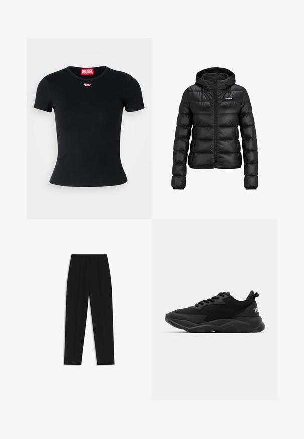 Black padded jacket with a zip closure and hood. Features a quilted design and the "HUGO" logo on the chest. Made from shiny material.; Black ribbed t-shirt with a rounded crew neckline. Features a small red Diesel logo on the chest. Short sleeves and a form-fitting shape.; Black trousers with a straight fit, featuring double pleats, a smooth texture, and a classic waistband design. No visible hardware or accents.; Black athletic sneakers featuring a textured upper, lace closure, cushioned sole, and a branded accent on the heel.