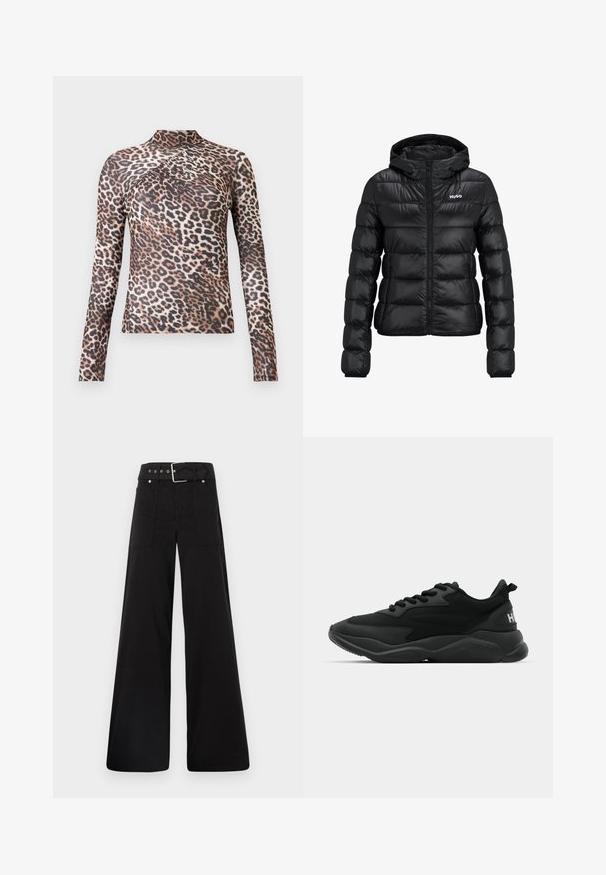 Juodas pūkinis švarkas su užtrauktuku ir gobtuvu. Savybės: siuvinėtas dizainas ir "HUGO" logotipas ant krūtinės. Pagamintas iš blizgaus medžiagos.; Ilgų rankovių, aukšta kaklo moteriška palaidinė su rudi ir juoda leopardų raštu ir subtiliomis klostėmis krūtinės srityje.; Juodos plačios kojų kelnės, pagamintos iš medvilnės, su aukšta liemene, didelėmis šoninėmis kišenėmis ir diržu, papuoštu sidabriniais akcentais.; Juodos sportinės kedai, turintys tekstūruotą viršutinę dalį, raištelių uždarymą, paminkštintą padas ir ženklo akcentą ant kulno.