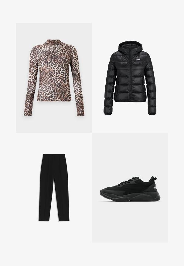 Schwarze gepolsterte Jacke mit einem Reißverschluss und Kapuze. Verfügt über ein gestepptes Design und das "HUGO"-Logo auf der Brust. Hergestellt aus glänzendem Material.; Langärmliges Damenoberteil mit hohem Kragen, braun-schwarzem Leopardenmuster und subtilen Faltendetails über der Brust.; Schwarze Hose mit geradem Schnitt, doppelten Falten, einer glatten Textur und einem klassischen Bunddesign. Keine sichtbaren Beschläge oder Akzente.; Schwarze Sport-Sneaker mit einer strukturierten Oberseite, Schnürverschluss, gepolsterter Sohle und einem markierten Akzent an der Ferse.