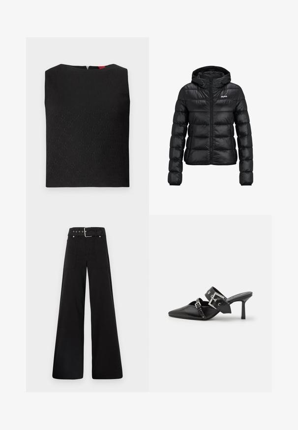 Černá podšitá bunda se zipem a kapucí. Má prošívaný design a logo "HUGO" na hrudi. Vyrobeno z lesklého materiálu.; Černý bezrukávový top s texturovaným vzorem, čtvercovým výstřihem a zipem na zádech. Obsahuje logo, které je jemně tkané do látky.; Černé široké kalhoty vyrobené z bavlny, s vysokým pasem, velkými bočními kapsami a opaskem s kovovými akcenty v barvě stříbra.; Černé muly na vysokém podpatku s špičatou špičkou, vyrobené z hladké kůže. Mají široký pás kolem kotníku se čtvercovou stříbrnou sponou a cvočky.