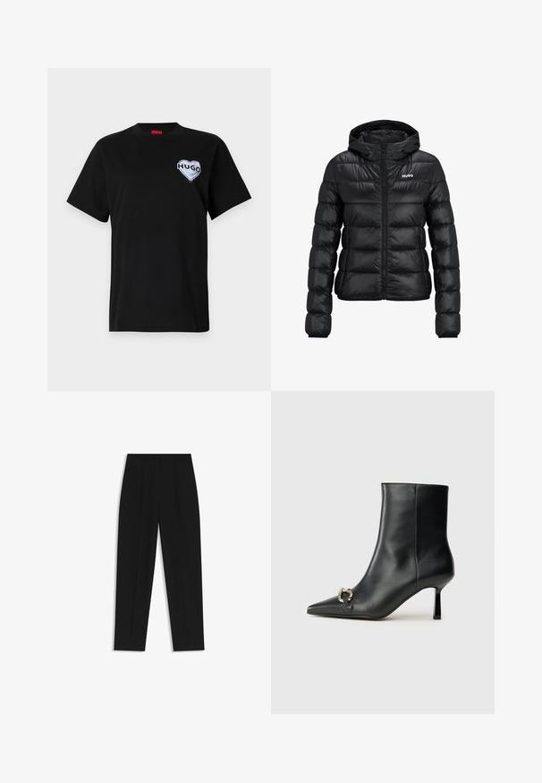 Czarna pikowana kurtka z zamkiem błyskawicznym i kapturem. Posiada wzór pikowania oraz logo "HUGO" na klatce piersiowej. Wykonana z błyszczącego materiału.; Czarna bawełniana koszulka z okrągłym dekoltem i krótkimi rękawami, z białym, sercowatym logo "HUGO" po lewej stronie klatki piersiowej.; Czarne spodnie o prostym kroju, z podwójnymi zakładkami, gładką teksturą i klasycznym krojem w talii. Bez widocznych elementów metalowych ani akcentów.; Czarny skórzany botek za kostkę z szpiczastym noskiem, smukłym średnim obcasem i srebrnym zapięciem po boku na jednolitym tle.