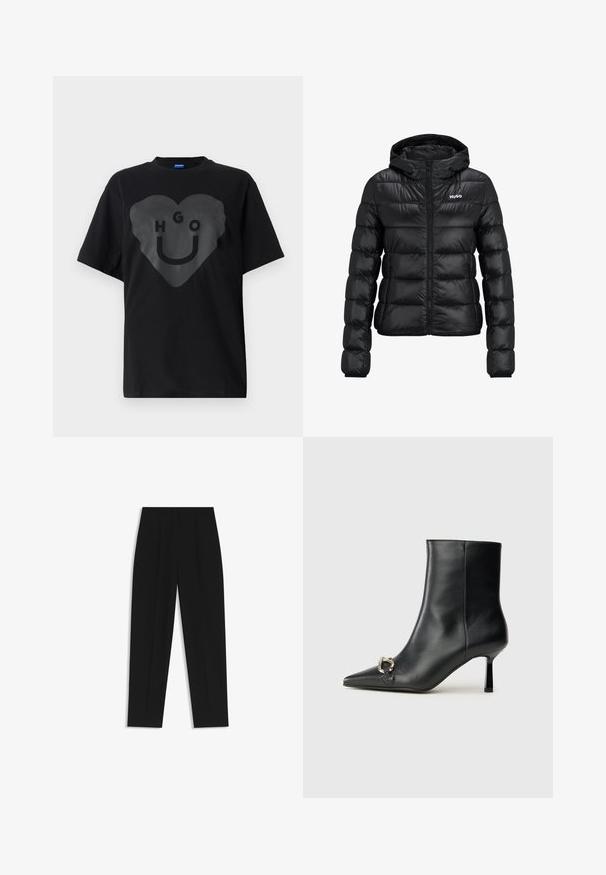 Musta pehmeä takki, jossa on vetoketjukiinnitys ja huppu. Ominaisuuksina tikattu muotoilu ja "HUGO" -logo rinnassa. Valmistettu kiiltävästä materiaalista.; Mustat t-paidat, ylisuuri malli, jossa on suuri sydängrafiikka, jossa lukee "HGO" ja hymyilevä kasvo, kiiltävällä pinnalla edessä.; Mustat housut suoran istuvuuden kanssa, joissa on kaksinkertaiset laskokset, sileä pinta ja klassinen vyötärönauhan muotoilu. Ei näkyviä metalliosia tai koristeita.; Musta nahkasaapas nilkkapituisilla, terävillä kärjillä, hoikalla keskipituisella korolla ja hopeavöillä sivussa yksinkertaista taustaa vasten.