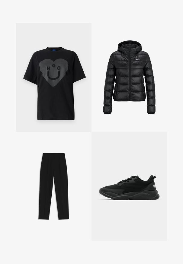 Chaqueta negra acolchada con cierre de cremallera y capucha. Presenta un diseño acolchado y el logo "HUGO" en el pecho. Está hecha de un material brillante.; Camiseta negra de corte oversize, con un gran gráfico de corazón en el frente que incluye el texto "HGO" y una cara sonriente en un acabado brillante.; Pantalones negros de corte recto, con doble pinza, textura suave y un diseño de cinturilla clásica. Sin hardware o acentos visibles.; Zapatillas deportivas negras con un upper texturizado, cierre de cordones, suela acolchada y un acento de marca en el talón.