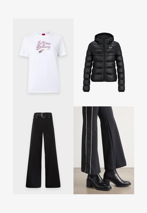 Černá podšitá bunda se zipem a kapucí. Má prošívaný design a logo "HUGO" na hrudi. Vyrobeno z lesklého materiálu.; Bílá bavlněná tričko s nápisem "Ve tvých snech" v růžovém písmu a grafikou rtěnky s růžovými akcenty.; Černé široké kalhoty vyrobené z bavlny, s vysokým pasem, velkými bočními kapsami a opaskem s kovovými akcenty v barvě stříbra.; Černé kožené kotníkové boty na blokovém podpatku, s elastickými bočními panely. V kombinaci s černými kalhotami, které mají bílý boční pruh.