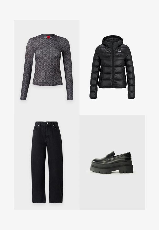 Zwarte gewatteerde jas met ritssluiting en capuchon. Kenmerkt zich door een doorgestikt ontwerp en het "HUGO"-logo op de borst. Gemaakt van glanzend materiaal.; Langsleeve shirt in zwart en grijs met een geometrisch patroon. Heeft een ronde hals en een logo-detail op de voorkant en achterkant. Zachte textuur.; Hoge taille, straight-leg zwarte denim jeans met vijf zakken, metalen klinknagels en tonale stiksels. Gladde textuur, minimalistisch ontwerp.; Zwarte lederen loafers met een chunky plateauzool. Rondere neus, naden aan de voorkant en subtiele stikselaccenten. Vlakke, gestructureerde buitenzool.