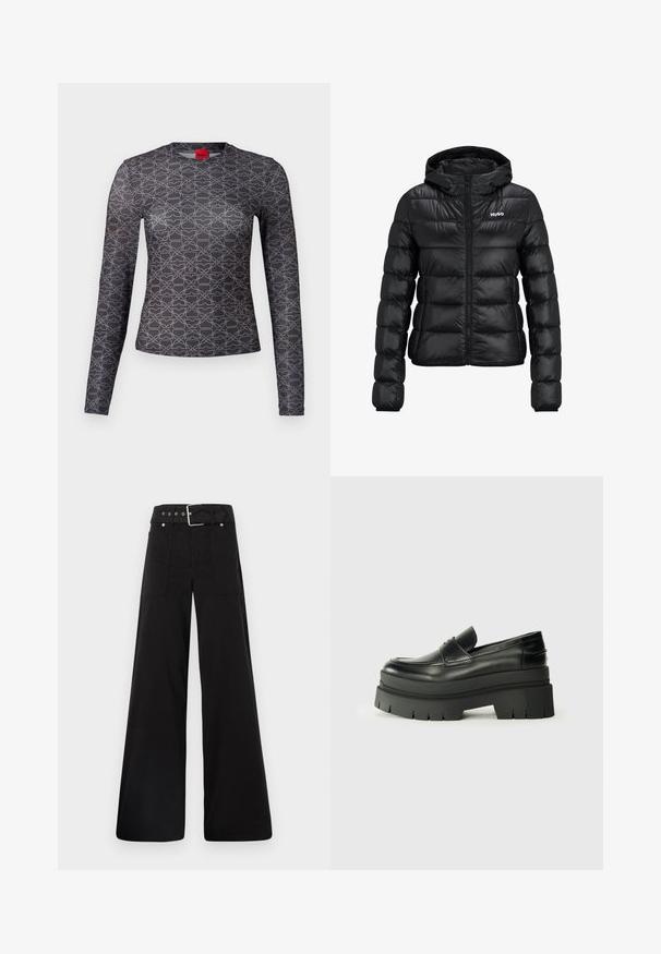 Black padded jacket with a zip closure and hood. Features a quilted design and the "HUGO" logo on the chest. Made from shiny material.; Long-sleeve shirt in black and gray with a geometric pattern. Features a crew neck and logo detail on the front and back. Smooth texture.; Black wide-leg trousers made from cotton, featuring a high waist, large side pockets, and a belted waist with silver hardware accents.; Black leather loafers with a chunky platform sole. Rounded toe, front seam detail, and subtle stitching accents. Flat, textured outsole.