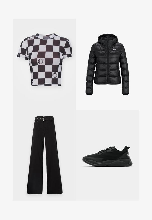 Black padded jacket with a zip closure and hood. Features a quilted design and the "HUGO" logo on the chest. Made from shiny material.; Black and white checkerboard crop top featuring smiley face and logo graphics, short sleeves, and a round neckline. Made from stretchy fabric.; Black wide-leg trousers made from cotton, featuring a high waist, large side pockets, and a belted waist with silver hardware accents.; Black athletic sneakers featuring a textured upper, lace closure, cushioned sole, and a branded accent on the heel.