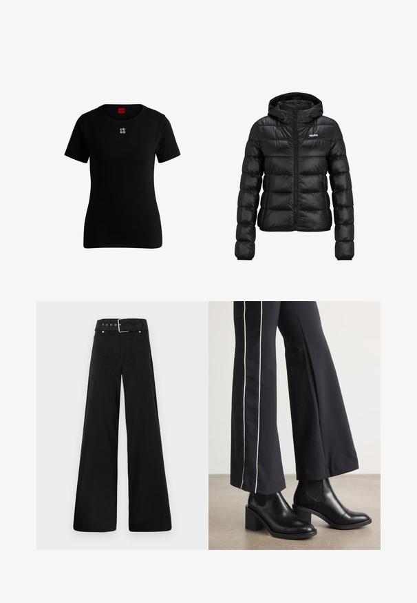 Melnā polsterētā jaka ar rāvējslēdzēju un kapuci. Iezīme ir kvalificēts dizains un "HUGO" logo uz krūškurvja. Izgatavota no spīdīga materiāla.; Melnā īsām piedurknēm T-kreklā, izgatavots no mīksta kokvilnas, ar apaļu kakla izgriezumu un mazu baltu "HUGO" logo uz krūtīm. Klasiska piegrieze.; Melna platā kāju bikses, izgatavotas no kokvilnas, ar augstu jostasvietu, lieliem sānu kabatām un jostu ar sudraba detaļām.; Melnas ādas potīšu zābaki ar blokveida papēdi, aprīkoti ar elastīgām sānu paneļiem. Kombinēti ar melniem biksēm, kuru sānos ir baltas svītras.