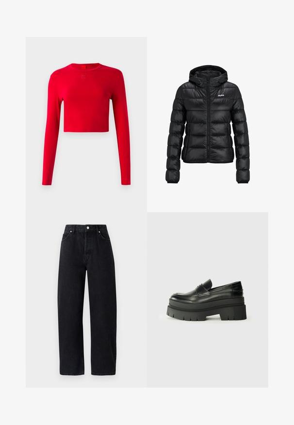 Jachetă neagră căptușită cu fermoar și glugă. Prezentând un design matlasat și logo-ul "HUGO" pe piept. Fabricată din material lucios.; Top croppat roșu cu mâneci lungi, guler rotund și mic logo embosat "HUGO" centrat sub guler, pe un fundal simplu.; Jeans negre din denim, cu talie inalta si picior drept, dotate cu cinci buzunare, nituri metalice si cusaturi tonale. Textură netedă, design minimal.; Loafers din piele neagră cu o talpă platformă masivă. Vârf rotunjit, detalii cu cusătura frontală și accente subtile de broderie. Talpă plată, texturată.