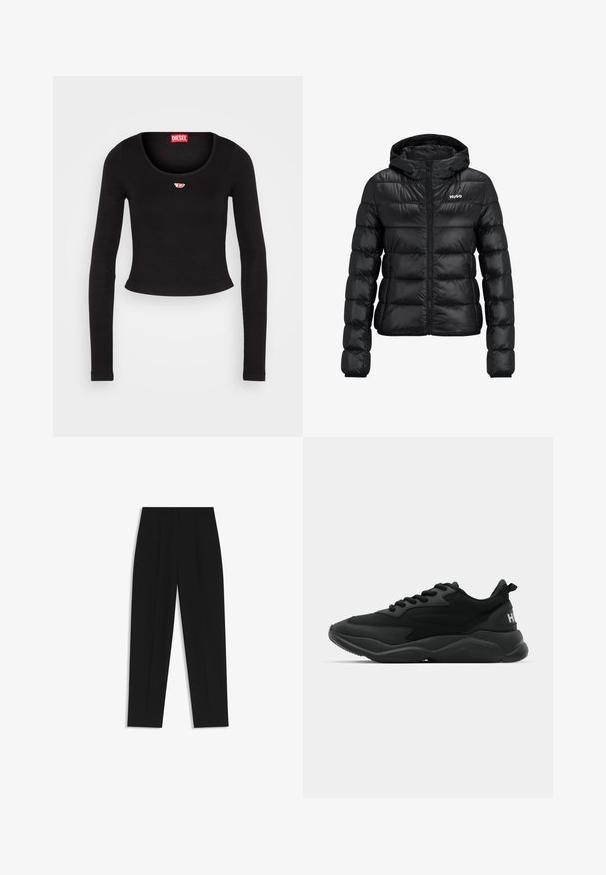 Czarna pikowana kurtka z zamkiem błyskawicznym i kapturem. Posiada wzór pikowania oraz logo "HUGO" na klatce piersiowej. Wykonana z błyszczącego materiału.; Czarny, długi rękaw, krótki top wykonany z ribbed materiału. Posiada okrągły dekolt oraz małą czerwoną i białą naszywkę z logo na piersi.; Czarne spodnie o prostym kroju, z podwójnymi zakładkami, gładką teksturą i klasycznym krojem w talii. Bez widocznych elementów metalowych ani akcentów.; Czarne sportowe sneakersy z teksturowaną cholewką, sznurowaniem, wyściełaną podeszwą oraz markowym akcentem na pięcie.