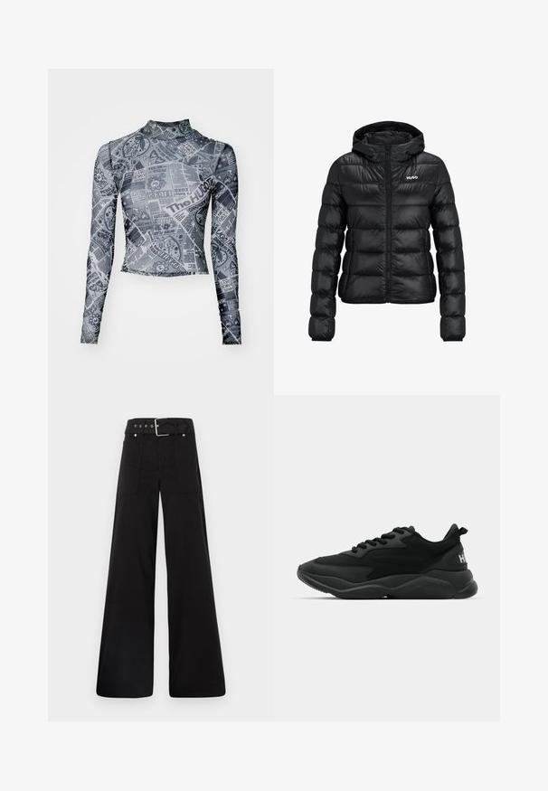 Black padded jacket with a zip closure and hood. Features a quilted design and the "HUGO" logo on the chest. Made from shiny material.; HUGO DASORI - Long sleeved top - open miscellaneous; Black wide-leg trousers made from cotton, featuring a high waist, large side pockets, and a belted waist with silver hardware accents.; Black athletic sneakers featuring a textured upper, lace closure, cushioned sole, and a branded accent on the heel.