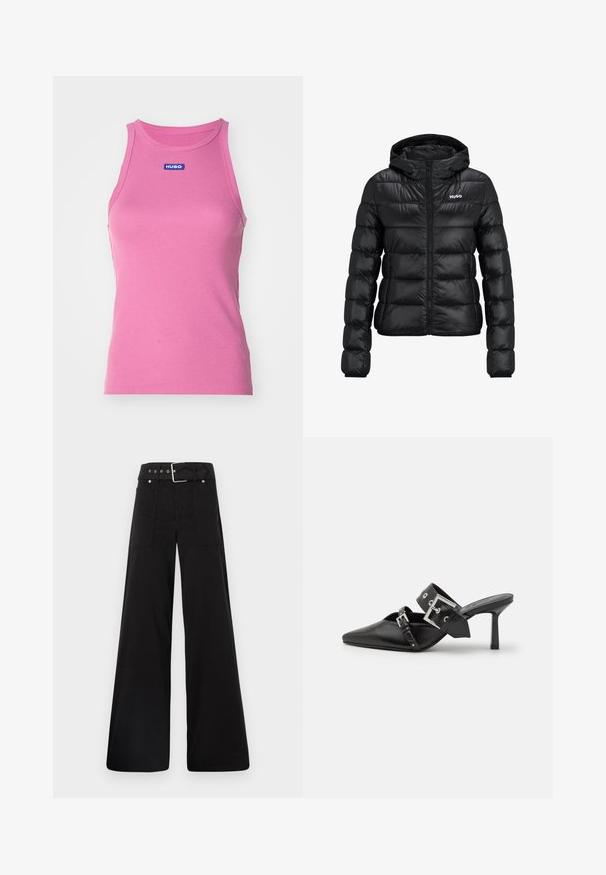 Fekete párnázott dzseki cipzárral és kapucnival. Tűzött mintázattal rendelkezik, és a "HUGO" logó a mellkason található. Fényt visszaverő anyagból készült.; HUGO EASY TANK - Felső - medium pink; Fekete, bő szárú nadrág, pamutból készült, magas derékkal, nagy oldalsó zsebekkel és ezüst színű hardverelemekkel ellátott övvel.; Fekete magassarkú mules, hegyes orral, sima bőrből készült. Széles bokapántja van, négyzet alakú ezüst csattal és szegecsekkel.