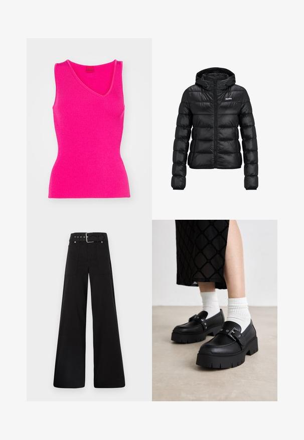 Giacca imbottita nera con chiusura a zip e cappuccio. Caratterizzata da un design trapuntato e dal logo "HUGO" sul petto. Realizzata in materiale lucido.; HUGO SHARPIN - Top - bright pink; Pantaloni neri a gamba larga realizzati in cotone, con vita alta, ampie tasche laterali e vita con cintura arricchita da dettagli in metallo argentato.; Mocassini neri con plateau e finitura in pelle liscia, caratterizzati da un dettaglio con fibbia e borchie, abbinati a calzini bianchi a coste.