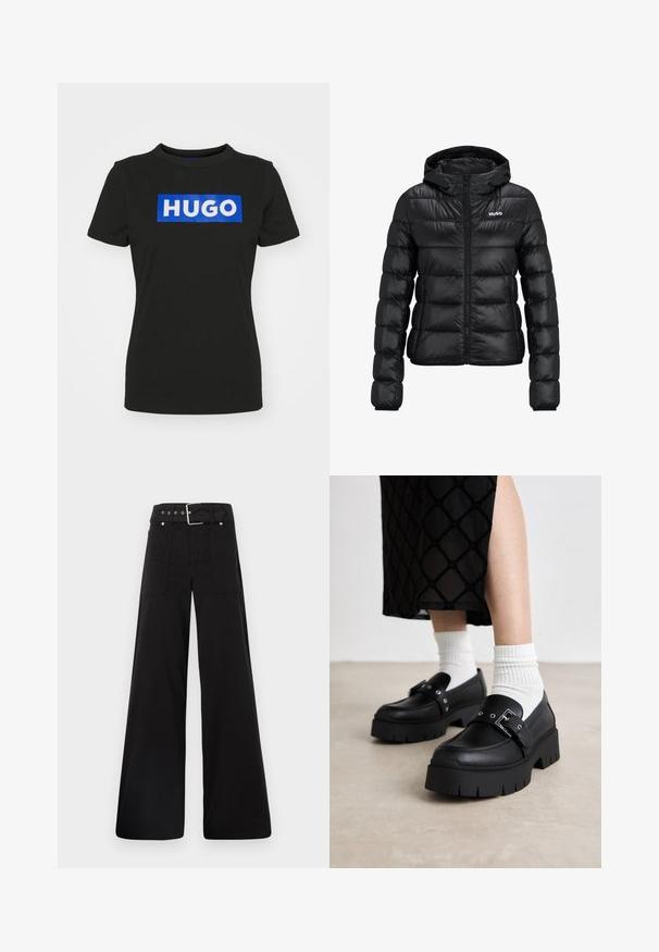 Svart polstret jakke med glidelås og hette. Har en quiltet design og "HUGO" logoen på brystet. Laget av skinnende materiale.; Svart kortermet t-skjorte laget av bomull, med en stor blå rektangulær grafikk med ordet "HUGO" i hvite fete bokstaver.; Sorte vidde bukser laget av bomull, med høy midje, store sidelommer og belte med sølv detaljer.; Svart plattform loafers med en glatt skinnfinish, med en spenne detalj og naglede akenter, sammen med hvite ribbede sokker.