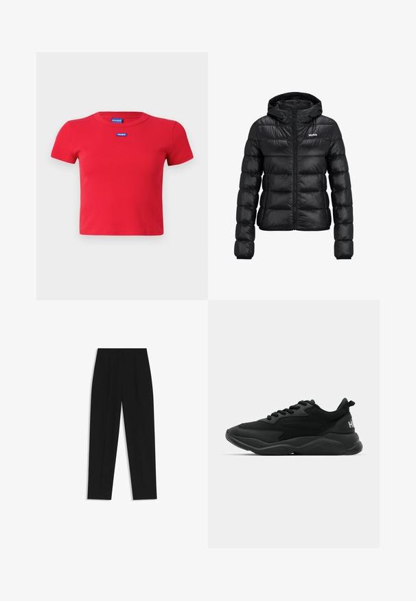 Black padded jacket with a zip closure and hood. Features a quilted design and the "HUGO" logo on the chest. Made from shiny material.; Red short-sleeve fitted T-shirt made of ribbed material with a round neckline, featuring a blue HUGO logo stitched on the front.; Black trousers with a straight fit, featuring double pleats, a smooth texture, and a classic waistband design. No visible hardware or accents.; Black athletic sneakers featuring a textured upper, lace closure, cushioned sole, and a branded accent on the heel.