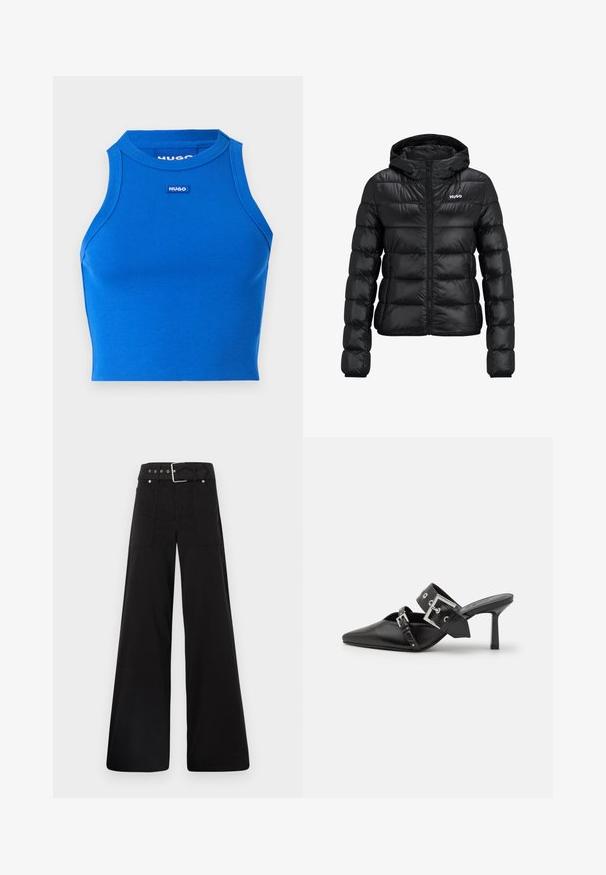 Czarna pikowana kurtka z zamkiem błyskawicznym i kapturem. Posiada wzór pikowania oraz logo "HUGO" na klatce piersiowej. Wykonana z błyszczącego materiału.; Niebieski prążkowany crop top bez rękawów z wysokim dekoltem. Posiada małe, kontrastowe logo marki na środku. Gładka tekstura, dopasowany krój.; Czarne spodnie o szerokich nogawkach wykonane z bawełny, z wysokim stanem, dużymi bocznymi kieszeniami i paskiem w talii z akcentami w kolorze srebrnym.; Czarne mule na wysokim obcasie z ostrym noskiem, wykonane z gładkiej skóry. Posiadają szeroki pasek na kostkę z kwadratową srebrną klamrą i ćwiekami.