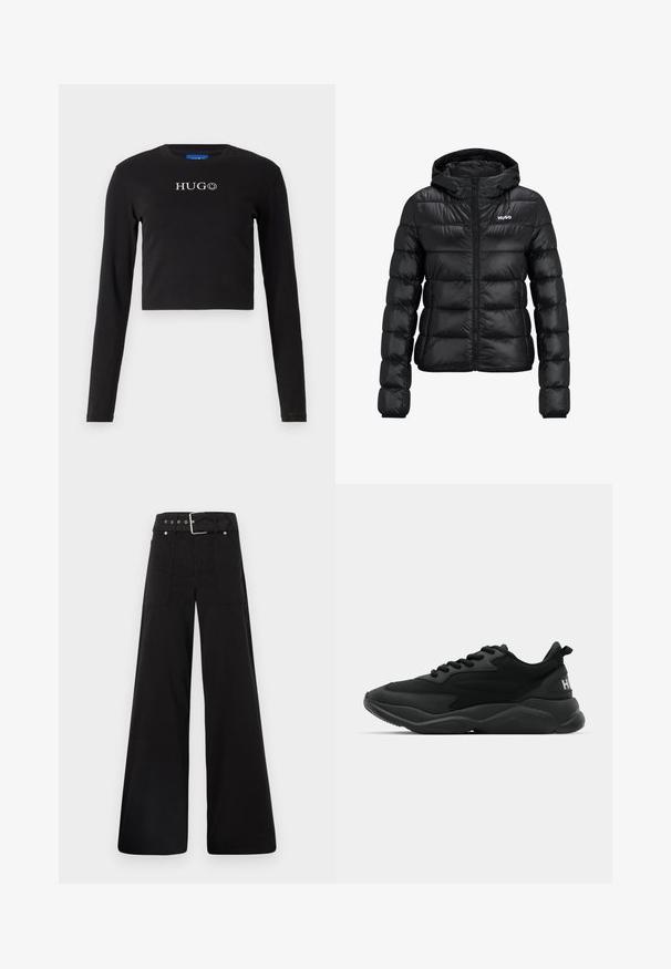 Fekete párnázott dzseki cipzárral és kapucnival. Tűzött mintázattal rendelkezik, és a "HUGO" logó a mellkason található. Fényt visszaverő anyagból készült.; Fekete, rövidített, hosszú ujjú pamut póló, kerek nyakkivágással, fehér elülső logóval, amelyen mosolygó arc található.; Fekete, bő szárú nadrág, pamutból készült, magas derékkal, nagy oldalsó zsebekkel és ezüst színű hardverelemekkel ellátott övvel.; Fekete sportcipők, amelyeket textúrált felsőrész, fűzős záródás, párnázott talp és márkázott részlet jellemez a sarkán.