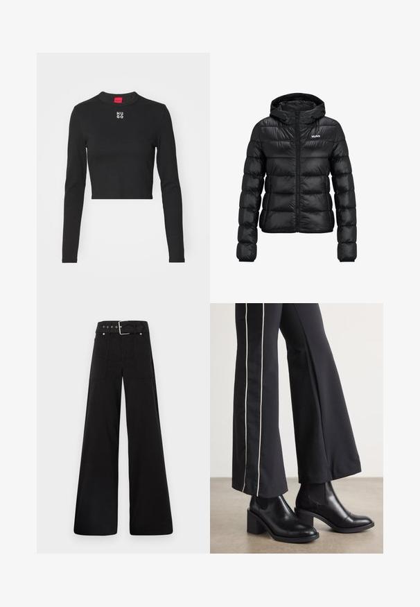 Schwarze gepolsterte Jacke mit einem Reißverschluss und Kapuze. Verfügt über ein gestepptes Design und das "HUGO"-Logo auf der Brust. Hergestellt aus glänzendem Material.; Schwarzes, langärmliges, kurzes Oberteil aus glattem Material, mit rundem Hals und weißem "HUGO"-Logo auf der Brustmitte.; Schwarze weitgeschnittene Hose aus Baumwolle, mit hoher Taille, großen Seitentaschen und einem taillierten Bund mit silbernen Hardware-Akzenten.; Schwarze Lederstiefeletten mit einem Blockabsatz, ausgestattet mit elastischen seitlichen Einsätzen. Kombiniert mit schwarzen Hosen, die einen weißen Seitenstreifen haben.
