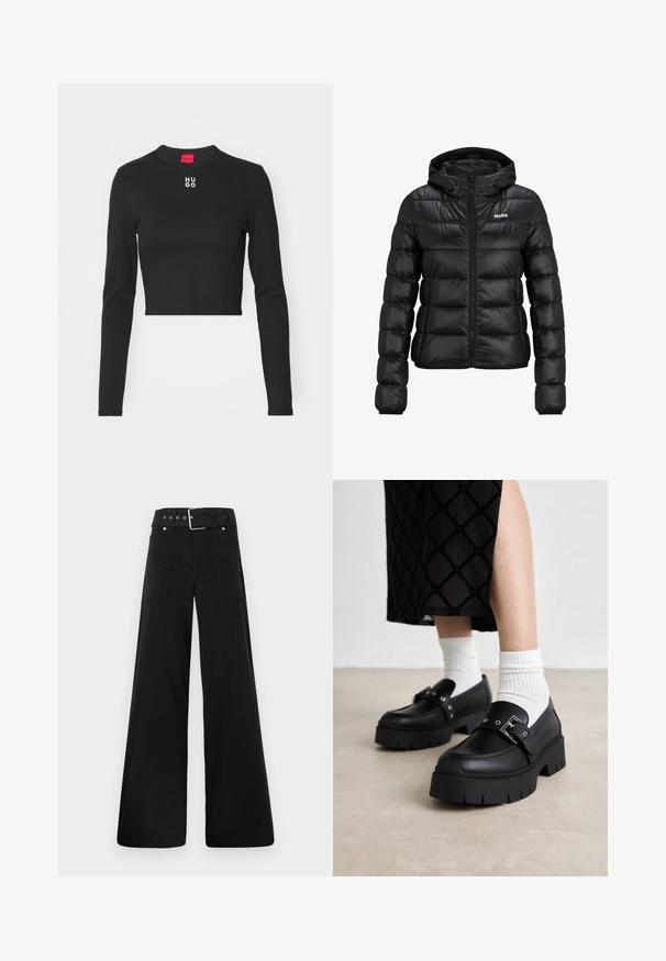 Fekete párnázott dzseki cipzárral és kapucnival. Tűzött mintázattal rendelkezik, és a "HUGO" logó a mellkason található. Fényt visszaverő anyagból készült.; Fekete, hosszú ujjú, rövid fazonú felső sima anyagból, kerek nyakkal és fehér "HUGO" logóval a mellkas közepén.; Fekete, bő szárú nadrág, pamutból készült, magas derékkal, nagy oldalsó zsebekkel és ezüst színű hardverelemekkel ellátott övvel.; Fekete platform lakkloaferek sima bőr felülettel, csattos részletekkel és tüskés díszítéssel, fehér bordázott zoknikkal párosítva.