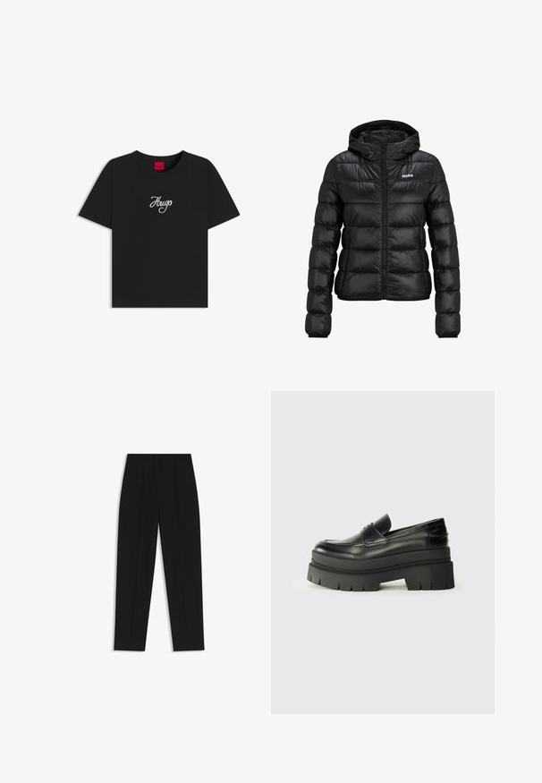 Schwarze gepolsterte Jacke mit einem Reißverschluss und Kapuze. Verfügt über ein gestepptes Design und das "HUGO"-Logo auf der Brust. Hergestellt aus glänzendem Material.; Schwarzes Baumwoll-T-Shirt mit rundem Halsausschnitt und kurzen Ärmeln. Auffälliges weißes, gesticktes "Hugo"-Logo auf der Vorderseite.; Schwarze Hose mit geradem Schnitt, doppelten Falten, einer glatten Textur und einem klassischen Bunddesign. Keine sichtbaren Beschläge oder Akzente.; Schwarze Lederloafer mit einer klobigen Plateausohle. Abgerundete Spitze, Nahtdetail auf der Vorderseite und dezente Nähte. Flache, strukturierte Außensohle.