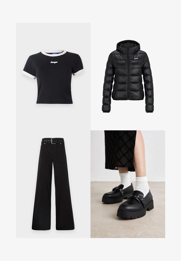 Černá podšitá bunda se zipem a kapucí. Má prošívaný design a logo "HUGO" na hrudi. Vyrobeno z lesklého materiálu.; Černé tričko s krátkým rukávem a bílými detaily na límci a rukávech. Na hrudi je černé logo. Vyrobeno z hladkého materiálu.; Černé široké kalhoty vyrobené z bavlny, s vysokým pasem, velkými bočními kapsami a opaskem s kovovými akcenty v barvě stříbra.; Černé platformové loafers s hladkým koženým povrchem, vybavené detailem s přezkou a hřebíkovými akcenty, v kombinaci s bílými žebrovanými ponožkami.
