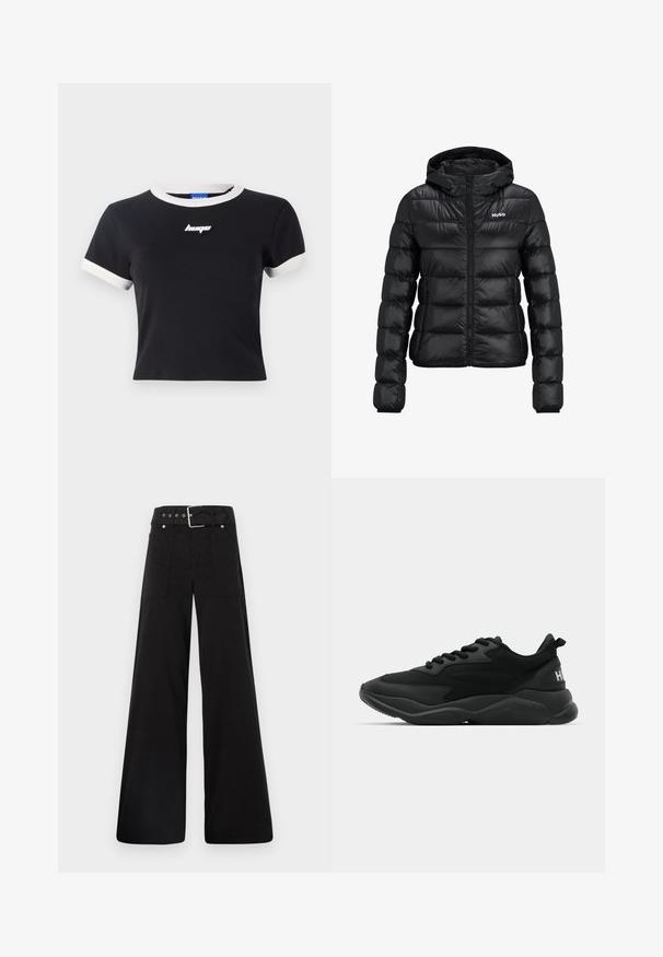 Melnā polsterētā jaka ar rāvējslēdzēju un kapuci. Iezīme ir kvalificēts dizains un "HUGO" logo uz krūškurvja. Izgatavota no spīdīga materiāla.; Melnas īsām piedurknēm t-krekls ar baltu apkakli un piedurkņu akcentiem. Uz krūtīm ir melna logo. Izgatavots no gludas auduma.; Melna platā kāju bikses, izgatavotas no kokvilnas, ar augstu jostasvietu, lieliem sānu kabatām un jostu ar sudraba detaļām.; Melni sporta apavi ar reljefa augšdaļu, auklu aizdari, mīkstu zoli un zīmola akcentu uz papēža.