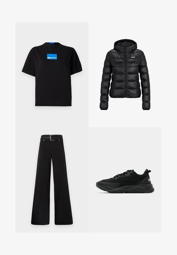 Svart vadderad jacka med dragkedja och huva. Har en quiltad design och "HUGO"-logotypen på bröstet. Tillverkad av glänsande material.; Svart bomulls t-shirt med rund halsringning, som har en blå rektangulär grafisk logotyp märkt "KARL LAGERFELD JEANS" på framsidan.; Svarta vida byxor i bomull med hög midja, stora sidofickor och bälte med silverdetaljer.; Svarta sportiga sneakers med en texturerad ovandel, snörning, vadderad sula och ett märkesackcent på hälen.