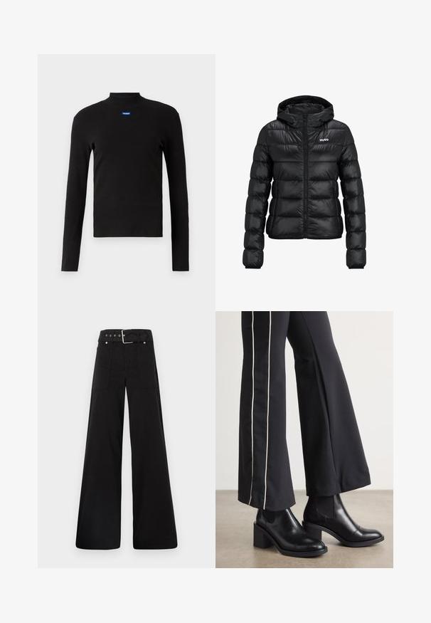 Schwarze gepolsterte Jacke mit einem Reißverschluss und Kapuze. Verfügt über ein gestepptes Design und das "HUGO"-Logo auf der Brust. Hergestellt aus glänzendem Material.; HUGO Langarmshirt - schwarz; Schwarze weitgeschnittene Hose aus Baumwolle, mit hoher Taille, großen Seitentaschen und einem taillierten Bund mit silbernen Hardware-Akzenten.; Schwarze Lederstiefeletten mit einem Blockabsatz, ausgestattet mit elastischen seitlichen Einsätzen. Kombiniert mit schwarzen Hosen, die einen weißen Seitenstreifen haben.