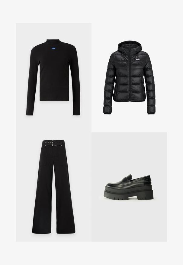 Čierna vypchatá bunda so zapínaním na zips a kapucňou. Obsahuje prešívaný dizajn a logo "HUGO" na hrudi. Vyrobené z lesklého materiálu.; HUGO Top s dlhým rukávom - schwarz; Čierne nohavice so širokými nohavicami vyrobené z bavlny, s vysokým pásom, veľkými bočnými vreckami a opaskom s prackou so striebornými detailmi.; Čierne kožené loafers s masívnou platformou. Zaoblená špička, predný šev a jemné švy. Plošná, štruktúrovaná podrážka.