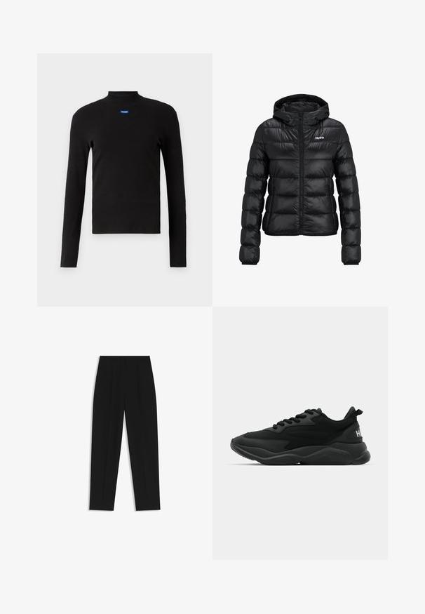 Schwarze gepolsterte Jacke mit einem Reißverschluss und Kapuze. Verfügt über ein gestepptes Design und das "HUGO"-Logo auf der Brust. Hergestellt aus glänzendem Material.; HUGO EASY LONGSLEEVE - Langarmshirt - schwarz; Schwarze Hose mit geradem Schnitt, doppelten Falten, einer glatten Textur und einem klassischen Bunddesign. Keine sichtbaren Beschläge oder Akzente.; Schwarze Sport-Sneaker mit einer strukturierten Oberseite, Schnürverschluss, gepolsterter Sohle und einem markierten Akzent an der Ferse.