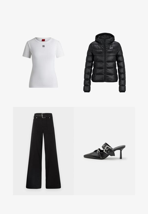 Sort polstret jakke med lynlåslukning og hætte. Har et quiltet design og "HUGO"-logoet på brystet. Fremstillet af skinnende materiale.; Hvid bomulds T-shirt med rund halsudskæring og korte ærmer. Har et lille sort "HUGO" logo på brystet. Glat tekstur.; Sorte brede bukser lavet af bomuld, med høj talje, store sidelommer og en bæltestrop med sølvfarvede detaljer.; Sorte højhælede mules med spids tå, lavet af glat læder. Har et bredt ankelrem med en firkantet sølv spænde og nitter.
