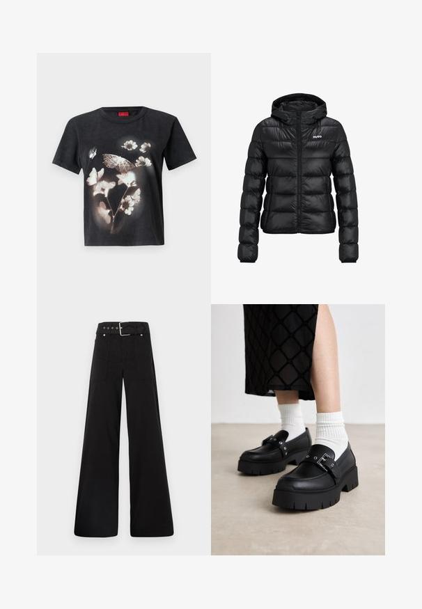 Musta pehmeä takki, jossa on vetoketjukiinnitys ja huppu. Ominaisuuksina tikattu muotoilu ja "HUGO" -logo rinnassa. Valmistettu kiiltävästä materiaalista.; Musta puuvillapaita, jossa on suuri valkoinen kukka- ja perhosgrafiikka edessä. Lyhyet hihat ja pyöreä kaula-aukko.; Mustat leveälahkeiset housut, jotka on valmistettu puuvillasta. Ne ovat korkeavyötäröiset, suuriin sivutaskuihin ja vyön kanssa varustettu, jossa on hopeanväriset yksityiskohdat.; Musta platform loafers, joissa on sileä nahkapinta, varustettuna solk yksityiskohdilla ja niittikoristeilla, yhdessä valkoisten ribbattujen sukkien kanssa.