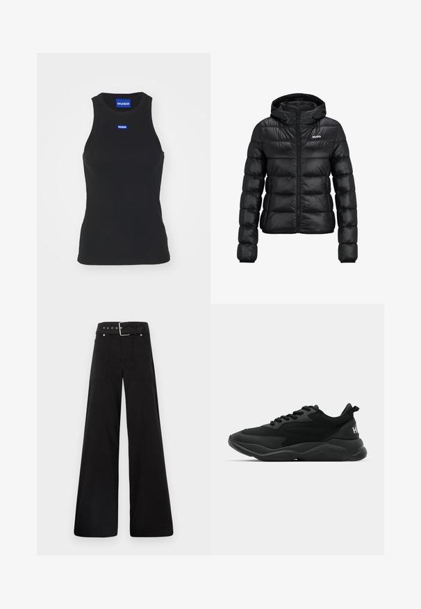 Juodas pūkinis švarkas su užtrauktuku ir gobtuvu. Savybės: siuvinėtas dizainas ir "HUGO" logotipas ant krūtinės. Pagamintas iš blizgaus medžiagos.; Juodas gūbriškas marškinėlis, pagamintas iš medvilnės. Yra apvalus iškirpimas ir mėlynas logotipo pleistras ant krūtinės. Tiesus apatinis kraštas.; Juodos plačios kojų kelnės, pagamintos iš medvilnės, su aukšta liemene, didelėmis šoninėmis kišenėmis ir diržu, papuoštu sidabriniais akcentais.; Juodos sportinės kedai, turintys tekstūruotą viršutinę dalį, raištelių uždarymą, paminkštintą padas ir ženklo akcentą ant kulno.