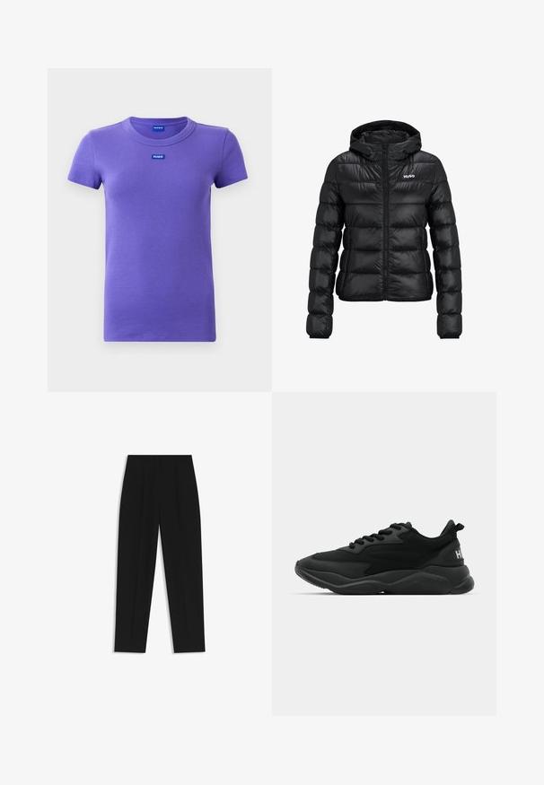 Zwarte gewatteerde jas met ritssluiting en capuchon. Kenmerkt zich door een doorgestikt ontwerp en het "HUGO"-logo op de borst. Gemaakt van glanzend materiaal.; Paarse kortekous ribgebreide T-shirt met ronde hals en kleine blauwe "HUGO" logo's op de borst en binnenkant van de kraag.; Zwarte broeken met een rechte pasvorm, voorzien van dubbele plooien, een zachte textuur en een klassiek taillebandontwerp. Geen zichtbare hardware of accenten.; Zwarte sportieve sneakers met een textuur bovenkant, vetersluiting, gevoerde zool en een merkaccent op de hiel.