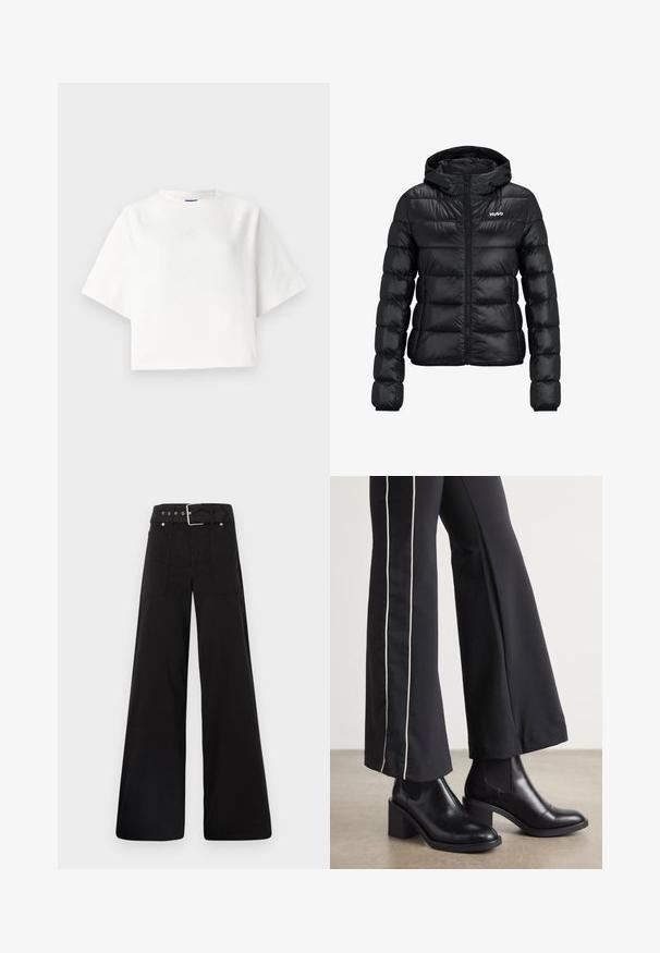 Melnā polsterētā jaka ar rāvējslēdzēju un kapuci. Iezīme ir kvalificēts dizains un "HUGO" logo uz krūškurvja. Izgatavota no spīdīga materiāla.; Balts pārāk liels t-krekls ar īsām raglanu piedurknēm, izgatavots no mīksta auduma. Iezīmēts ar smalku logotipu uz krūts un apaļu kakla izgriezumu.; Melna platā kāju bikses, izgatavotas no kokvilnas, ar augstu jostasvietu, lieliem sānu kabatām un jostu ar sudraba detaļām.; Melnas ādas potīšu zābaki ar blokveida papēdi, aprīkoti ar elastīgām sānu paneļiem. Kombinēti ar melniem biksēm, kuru sānos ir baltas svītras.