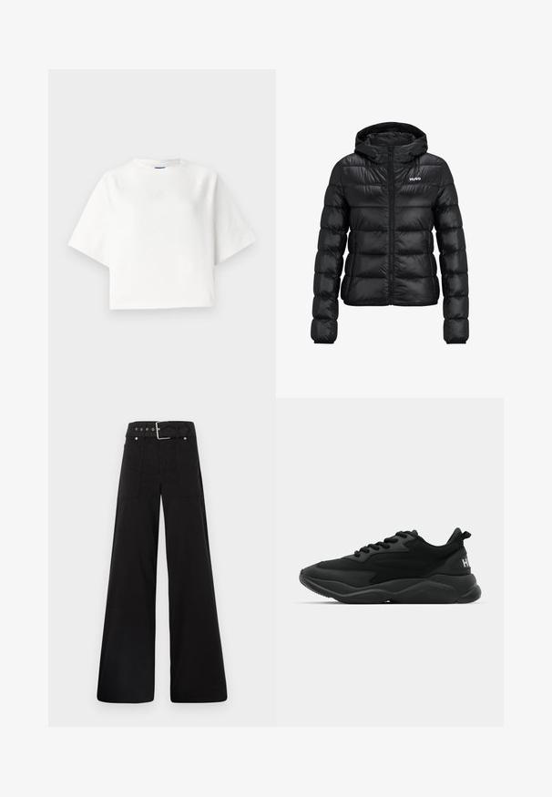 Fekete párnázott dzseki cipzárral és kapucnival. Tűzött mintázattal rendelkezik, és a "HUGO" logó a mellkason található. Fényt visszaverő anyagból készült.; Fehér, túlméretezett póló, rövid raglánujjakkal, puha anyagból készült. Diszkrét logó található a mellkason és kerek nyakkivágás jellemzi.; Fekete, bő szárú nadrág, pamutból készült, magas derékkal, nagy oldalsó zsebekkel és ezüst színű hardverelemekkel ellátott övvel.; Fekete sportcipők, amelyeket textúrált felsőrész, fűzős záródás, párnázott talp és márkázott részlet jellemez a sarkán.