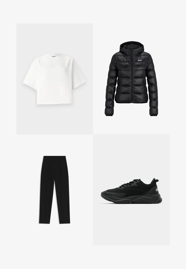 Svart vadderad jacka med dragkedja och huva. Har en quiltad design och "HUGO"-logotypen på bröstet. Tillverkad av glänsande material.; Vit oversized t-shirt med korta raglanärmar, tillverkad av mjukt tyg. Har en subtil logga på bröstet och en rund halsringning.; Svarta byxor med rak passform, med dubbla fickor, en slät yta och en klassisk midje-design. Ingen synlig hårdvara eller detaljer.; Svarta sportiga sneakers med en texturerad ovandel, snörning, vadderad sula och ett märkesackcent på hälen.