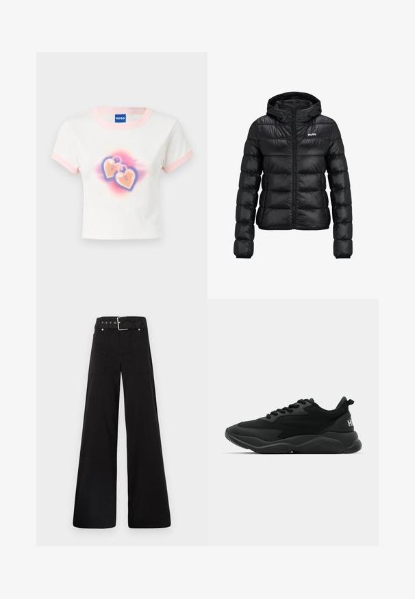 Must must jacket, milledega lukuga ja kapuutsiga. Omab tikanditud disaini ja "HUGO" logo rinnal. Valmistatud läikivast materjalist.; Valge puuvillane lühikeste varrukatega T-särk pastellroosa äärisega. Disainil on kaks südamekujulist lukku koos värvilise gradiente taustaga.; Mustad laiad mustad püksid, mis on valmistatud puuvillast, kõrge vöökoha, suurte küljetaskute ja kumerate rihmadega, kus on hõbedased detailid.; Mustad mustat spordijalatsid tekstureeritud ülemise osaga, süsteemse paelaga, pehmendatud tallaga ja bränditud aktsendiga kanna piirkonnas.