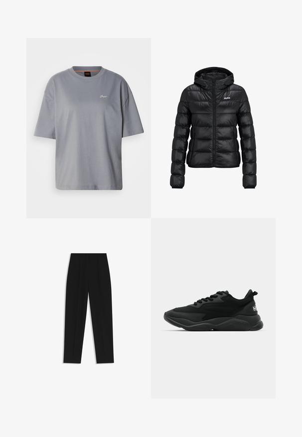 Czarna pikowana kurtka z zamkiem błyskawicznym i kapturem. Posiada wzór pikowania oraz logo "HUGO" na klatce piersiowej. Wykonana z błyszczącego materiału.; Szary t-shirt z krótkim rękawem, luźny fason, wykonany z miękkiej bawełny, z minimalnym białym logo na klatce piersiowej, okrągły dekolt, gładka tekstura.; Czarne spodnie o prostym kroju, z podwójnymi zakładkami, gładką teksturą i klasycznym krojem w talii. Bez widocznych elementów metalowych ani akcentów.; Czarne sportowe sneakersy z teksturowaną cholewką, sznurowaniem, wyściełaną podeszwą oraz markowym akcentem na pięcie.