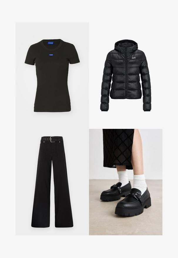 Jachetă neagră căptușită cu fermoar și glugă. Prezentând un design matlasat și logo-ul "HUGO" pe piept. Fabricată din material lucios.; Tricou negru cu mâneci scurte, din bumbac ribatat, având un badge cu logo-ul albastru "HUGO" pe față. Design clasic cu guler rotund.; Pantaloni negri cu croială largă, confecționați din bumbac, cu talie înaltă, buzunare laterale mari și talie prevăzută cu brâu cu accente din metal argintiu.; Loaferi negri cu talpă platformă, din piele netedă, având un detaliu cu cataramă și accente cu cuie, asociați cu șosete albe cu dungi.