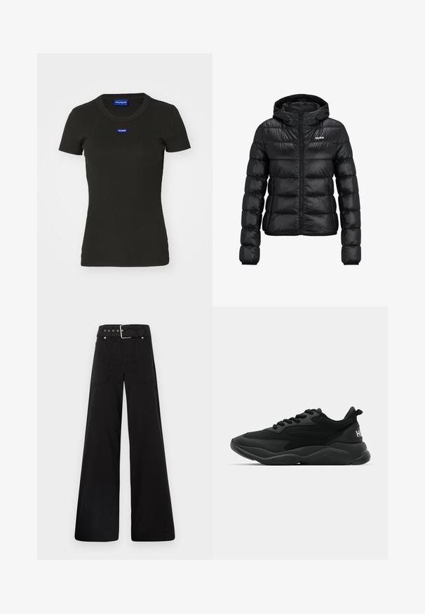 Melnā polsterētā jaka ar rāvējslēdzēju un kapuci. Iezīme ir kvalificēts dizains un "HUGO" logo uz krūškurvja. Izgatavota no spīdīga materiāla.; Melnas īsām piedurknēm T-kreklas, izgatavots no ribota kokvilnas, ar zilu "HUGO" logotipa emblēmu priekšpusē. Klasisks apaļas izgriezuma dizains.; Melna platā kāju bikses, izgatavotas no kokvilnas, ar augstu jostasvietu, lieliem sānu kabatām un jostu ar sudraba detaļām.; Melni sporta apavi ar reljefa augšdaļu, auklu aizdari, mīkstu zoli un zīmola akcentu uz papēža.