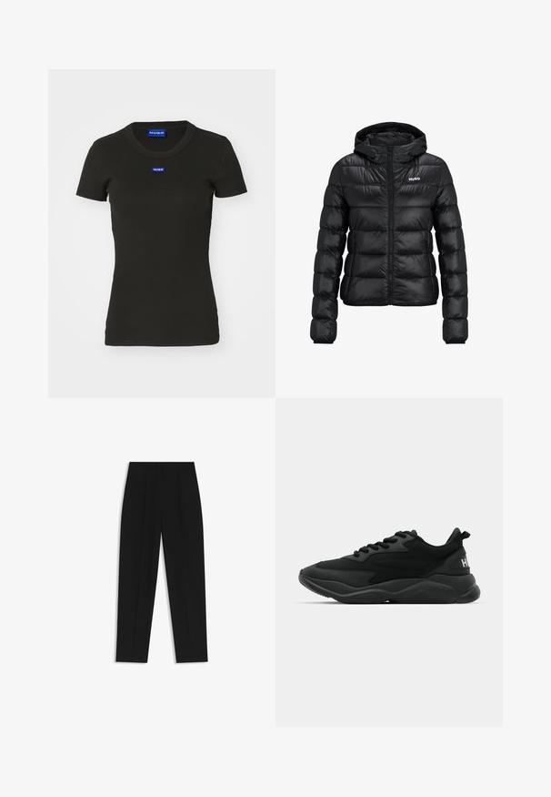 Black padded jacket with a zip closure and hood. Features a quilted design and the "HUGO" logo on the chest. Made from shiny material.; Black short-sleeve T-shirt made of ribbed cotton, featuring a blue "HUGO" logo badge on the front. Classic crewneck design.; Black trousers with a straight fit, featuring double pleats, a smooth texture, and a classic waistband design. No visible hardware or accents.; Black athletic sneakers featuring a textured upper, lace closure, cushioned sole, and a branded accent on the heel.