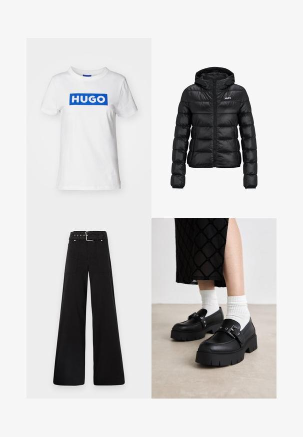 Svart polstret jakke med glidelås og hette. Har en quiltet design og "HUGO" logoen på brystet. Laget av skinnende materiale.; Hvit bomulls t-skjorte med en blå rektangulær "HUGO" logo trykt over brystet. Klassisk rund hals og korte ermer.; Sorte vidde bukser laget av bomull, med høy midje, store sidelommer og belte med sølv detaljer.; Svart plattform loafers med en glatt skinnfinish, med en spenne detalj og naglede akenter, sammen med hvite ribbede sokker.