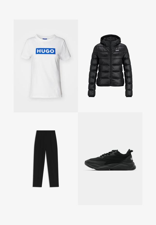 Schwarze gepolsterte Jacke mit einem Reißverschluss und Kapuze. Verfügt über ein gestepptes Design und das "HUGO"-Logo auf der Brust. Hergestellt aus glänzendem Material.; Weißes Baumwoll-T-Shirt mit einem blauen rechteckigen "HUGO"-Logo, das quer über die Brust gedruckt ist. Klassischer Rundhalsausschnitt und kurze Ärmel.; Schwarze Hose mit geradem Schnitt, doppelten Falten, einer glatten Textur und einem klassischen Bunddesign. Keine sichtbaren Beschläge oder Akzente.; Schwarze Sport-Sneaker mit einer strukturierten Oberseite, Schnürverschluss, gepolsterter Sohle und einem markierten Akzent an der Ferse.