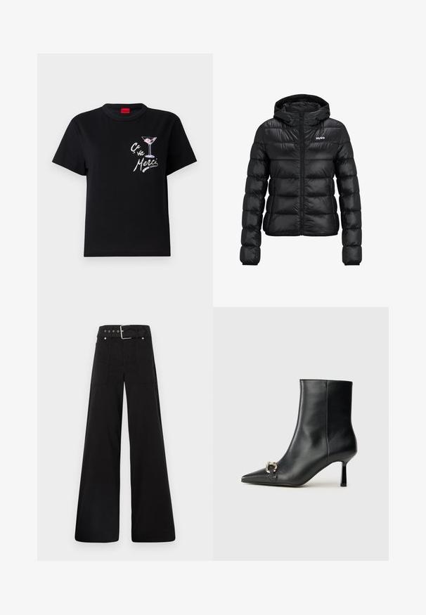 Musta pehmeä takki, jossa on vetoketjukiinnitys ja huppu. Ominaisuuksina tikattu muotoilu ja "HUGO" -logo rinnassa. Valmistettu kiiltävästä materiaalista.; Musta puuvillane t-särk lühikeste varrukatega, millel on valge ja roosa graafika martini klaasist ning tekst "Ça va Merci" mängulises fonts.; Mustat leveälahkeiset housut, jotka on valmistettu puuvillasta. Ne ovat korkeavyötäröiset, suuriin sivutaskuihin ja vyön kanssa varustettu, jossa on hopeanväriset yksityiskohdat.; Musta nahkasaapas nilkkapituisilla, terävillä kärjillä, hoikalla keskipituisella korolla ja hopeavöillä sivussa yksinkertaista taustaa vasten.